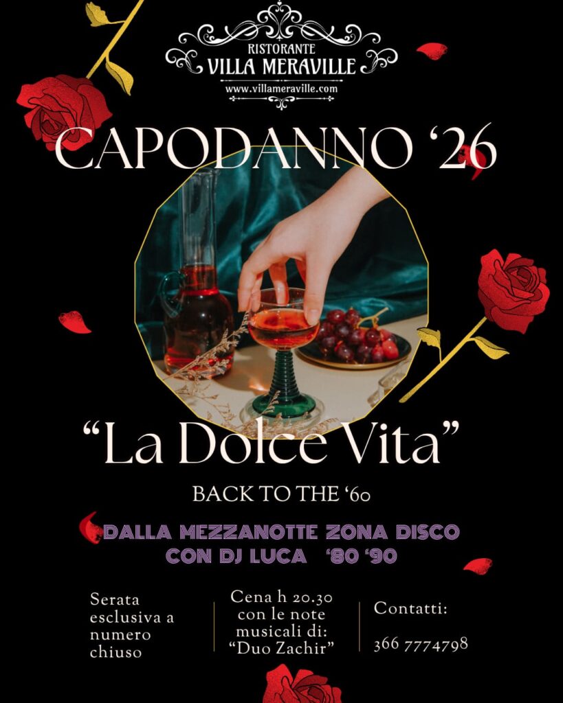 Locandina del cenone di Capodanno 2025 a Villa Meraville Bologna